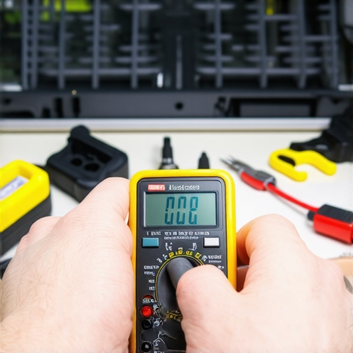A person performing electrical diagnostics on a dishwasher heating element using a digital multimeter.