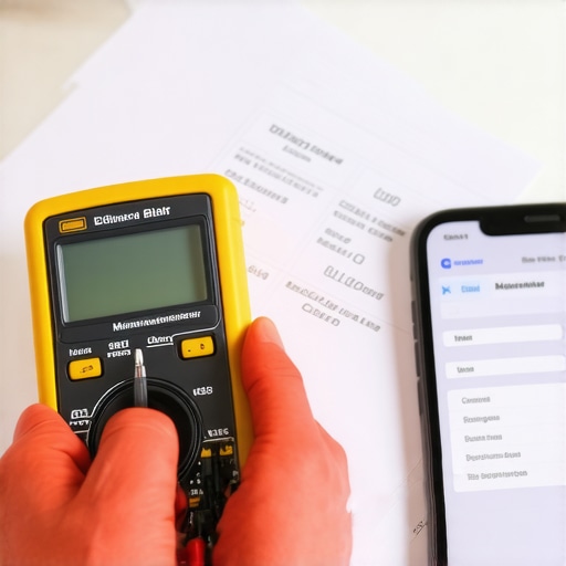 A close-up of professional dishwasher diagnostic testing using a multimeter and service manual.