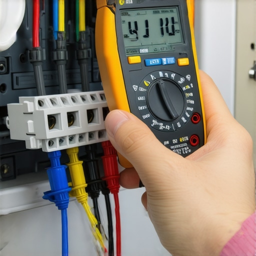 A homeowner using a digital multimeter to run diagnostic tests on a dishwasher