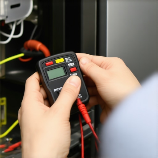 Close-up of a technician testing a dishwasher heating element for electrical shorts using a multimeter.
