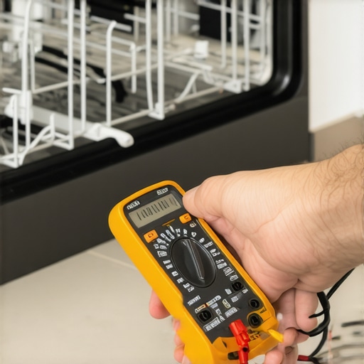 Close up of multimeter probes on a dishwasher heating element