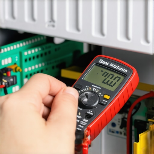 Close-up of a technician using a multimeter to check for corrosion on a dishwasher control board harness.