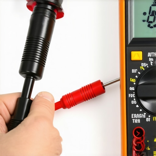 A technician using a multimeter to check for an electrical ground fault on a dishwasher heating element by touching the terminal and the outer casing.