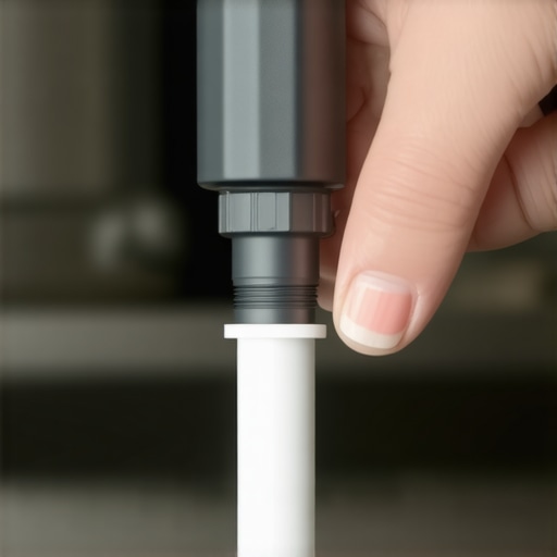 Close up of a garbage disposal unit showing the knockout plug that often causes dishwasher drainage issues.