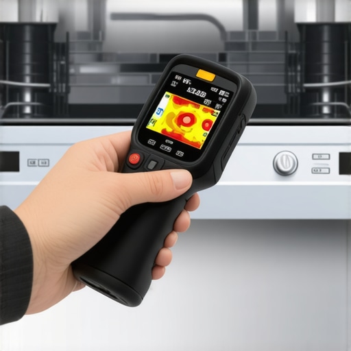 Handheld thermal imaging camera detecting heat leaks in a dishwasher door seal.