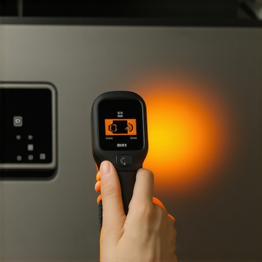 A homeowner using a thermal camera to detect heat leaks in a dishwasher door seal.