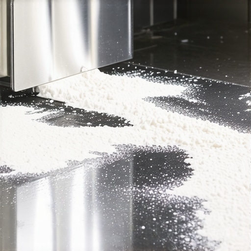 A close-up of a white powder dusting on a dishwasher base showing a clear trail of water leading to a leak.