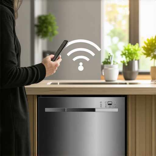 Troubleshooting Smart Dishwasher Notification Lag Person checking phone while dishwasher runs in kitchen