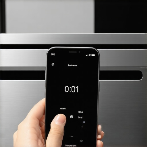 A homeowner using a smartphone to check dishwasher diagnostics for a 0:01 timer error.