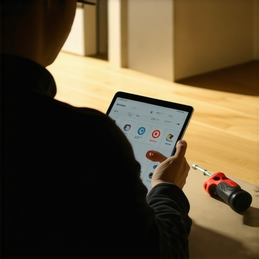 A homeowner diagnosing a smart dishwasher communication error on the kitchen floor.