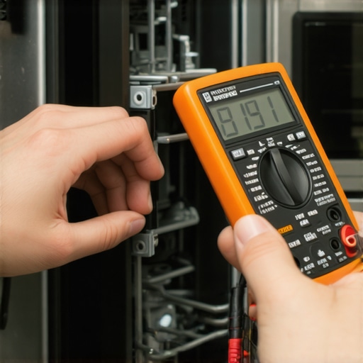 A homeowner using a multimeter to diagnose a dishwasher error code.