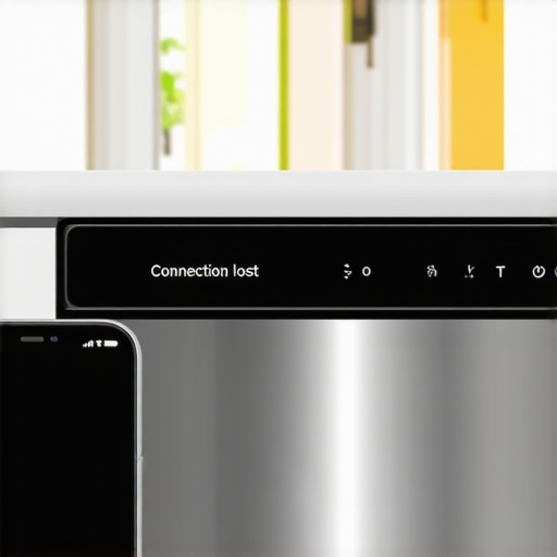 Smartphone displaying a connection error message next to a kitchen dishwasher.