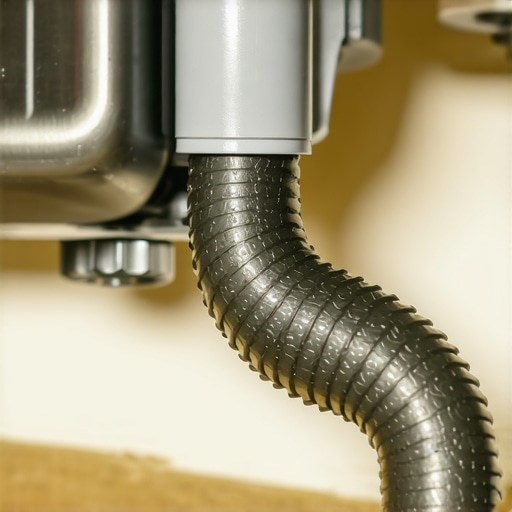 Close-up of a dishwasher drain hose and garbage disposal connection under a kitchen sink.