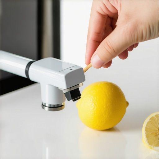 A person using a toothpick to clean the small water nozzles of a dishwasher spray arm next to fresh lemons.