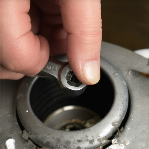 Unjamming a garbage disposal with a hex wrench Close-up of using a hex wrench on the bottom of a garbage disposal to clear a jam.