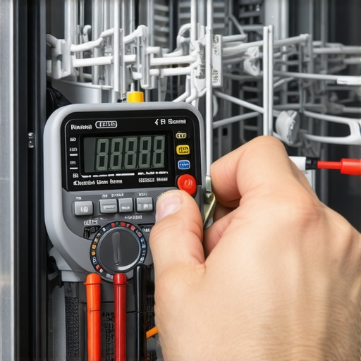 A technician using a voltmeter to test dishwasher electrical components for continuity and voltage.