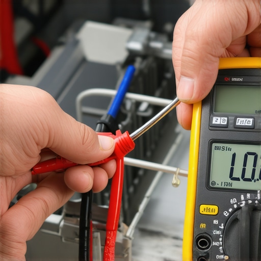 A person using a digital multi-meter to test a dishwasher heating element for continuity.