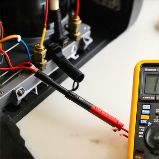 Close up of digital multimeter testing a dishwasher solenoid valve for continuity.