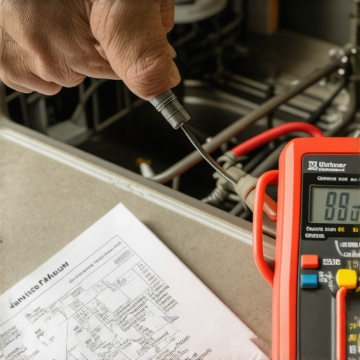 Close-up of a person testing a dishwasher part with a digital multimeter for repair.