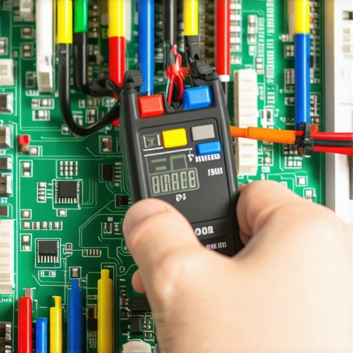 Technician testing a dishwasher thermal fuse with a digital multimeter for repair.