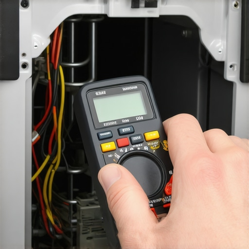 Using a Multimeter for Dishwasher Diagnostics Close-up of a digital multimeter testing a dishwasher inlet valve