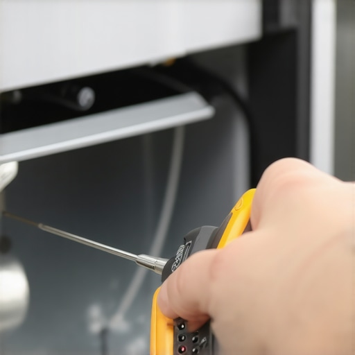 Hands using a digital multimeter to test a dishwasher heating element for continuity.