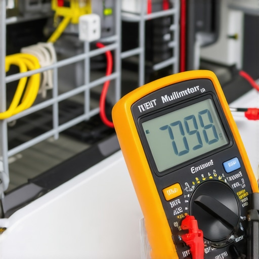Close up of a technician using a digital multimeter to test dishwasher electronics for repair.