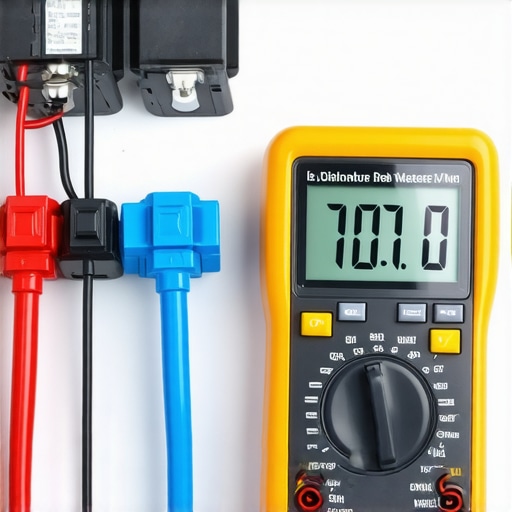 A digital multimeter testing a dishwasher water inlet valve for electrical continuity.