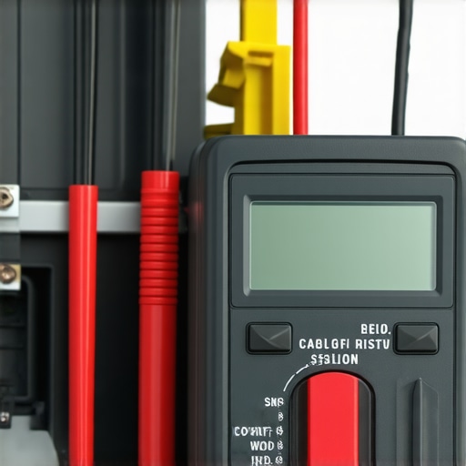 Technician using a digital multimeter to test a dishwasher heating element for continuity.