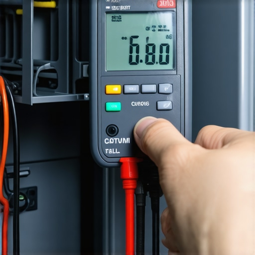 Technician testing a dishwasher heating element with a digital multimeter to check for continuity and ground faults.