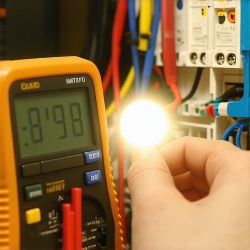 Close-up of a digital multimeter testing a dishwasher control board with a flashlight.