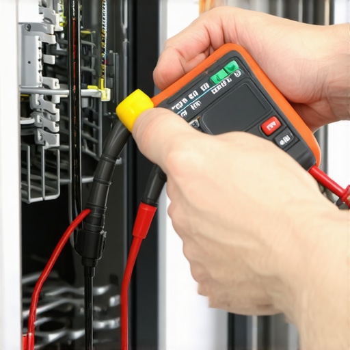 Close-up of dishwasher motor electrical testing with a multimeter