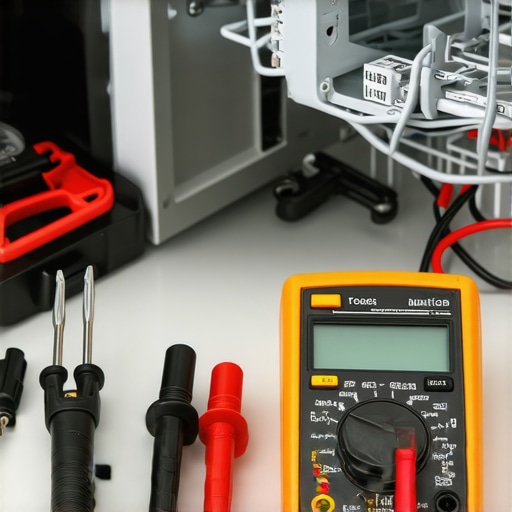 Close up of a person using a multimeter to test dishwasher components for repair.