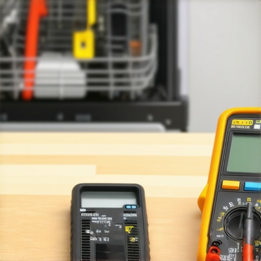 Close up of a person using a digital multimeter to test dishwasher components for repair.