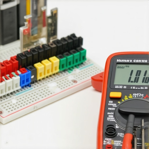 A digital multimeter being used to test the circuitry of a dishwasher control board.