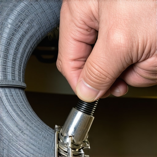 A person tightening a dishwasher drain hose clamp with a professional nut driver to prevent leaks.
