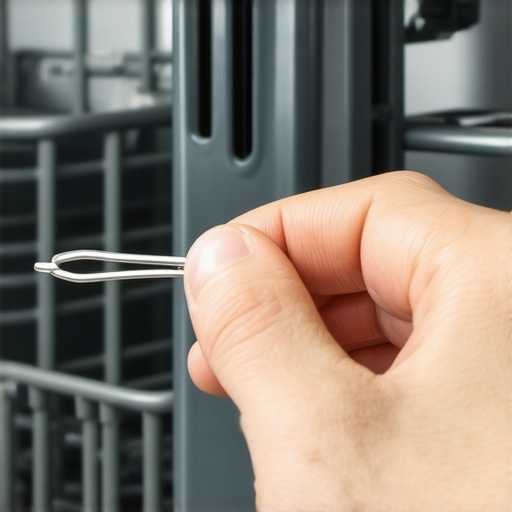 A close-up of dishwasher maintenance showing how to clean spray arm nozzles.
