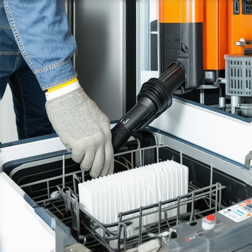 Person using a shop vacuum to clear a dishwasher pump blockage.