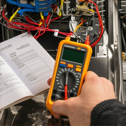 A homeowner testing a dishwasher thermal fuse for continuity using a digital multimeter.