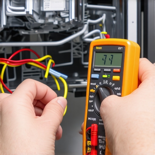 A homeowner testing a dishwasher's electrical components with a multimeter to diagnose a heating failure.