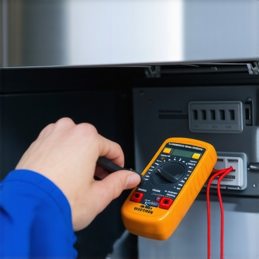 Close-up of a person testing a dishwasher heating element with a digital multimeter to check for continuity.