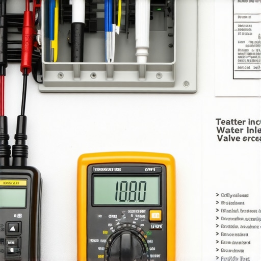 Close-up of a digital multimeter testing a dishwasher inlet valve for electrical continuity.