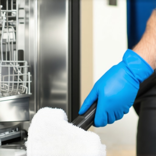 Close-up of a DIY dishwasher repair using a wet-dry vacuum to clear the impeller area