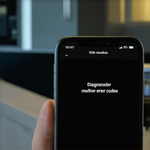 A person using a smartphone app to run a digital diagnostic on a modern dishwasher.