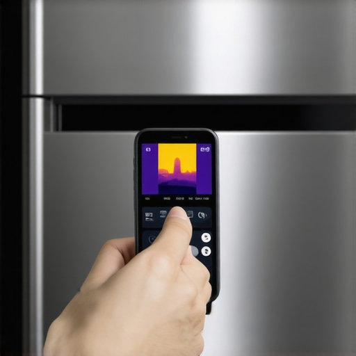 A person uses a thermal camera on a smartphone to detect heat escaping from a dishwasher door seal.