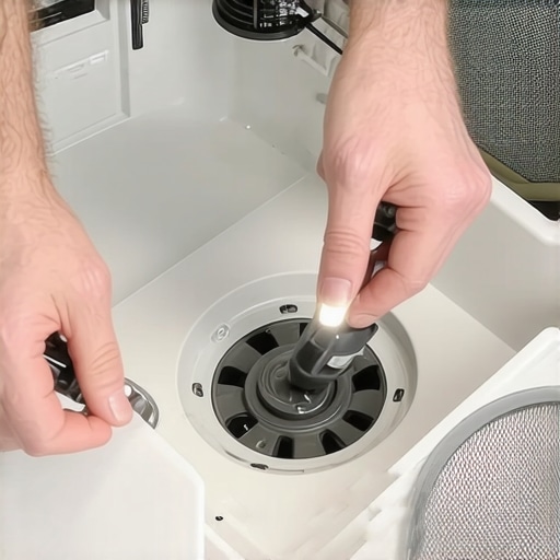 Hands using a flashlight to check the dishwasher drain pump impeller for food debris and blockages under the filter.